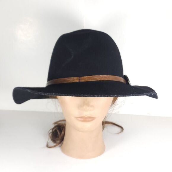 Frye Women's Size Medium /Large Black Wool Felt Brown belt Fedora Hat - Picture 3 of 13